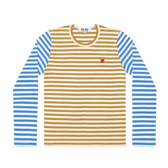 Comme Des Garcons PLAY L/S BI-Colour Gestreift Small Emblem T-Shirt Long Sleeve Olive/Blue | 60341-GVNP