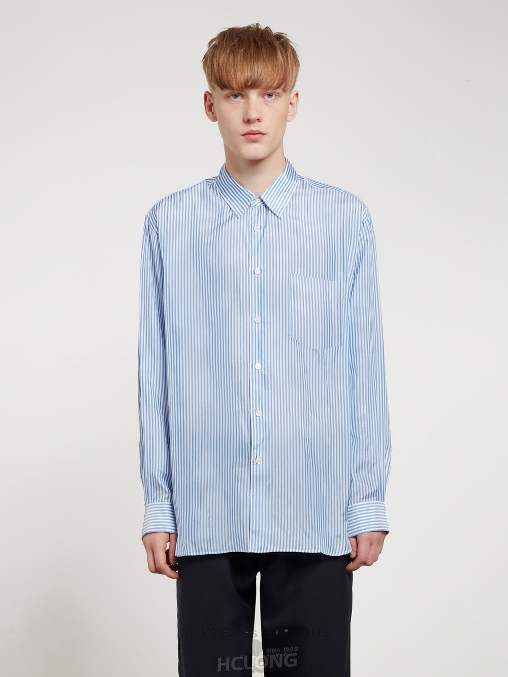 Comme Des Garcons CDG Shirt Forever - Weite Fit Gestreift Cupro Shirt Oberteile Blau | 50862-HCSE