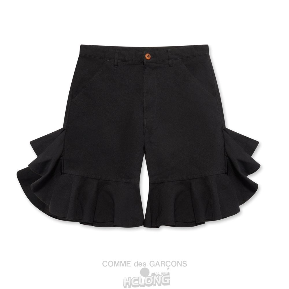 Comme Des Garcons CDG Shirt - Polyester Serge Overdyed Ruffled Shorts Kurze Hose Schwarz | 16840-NIKA