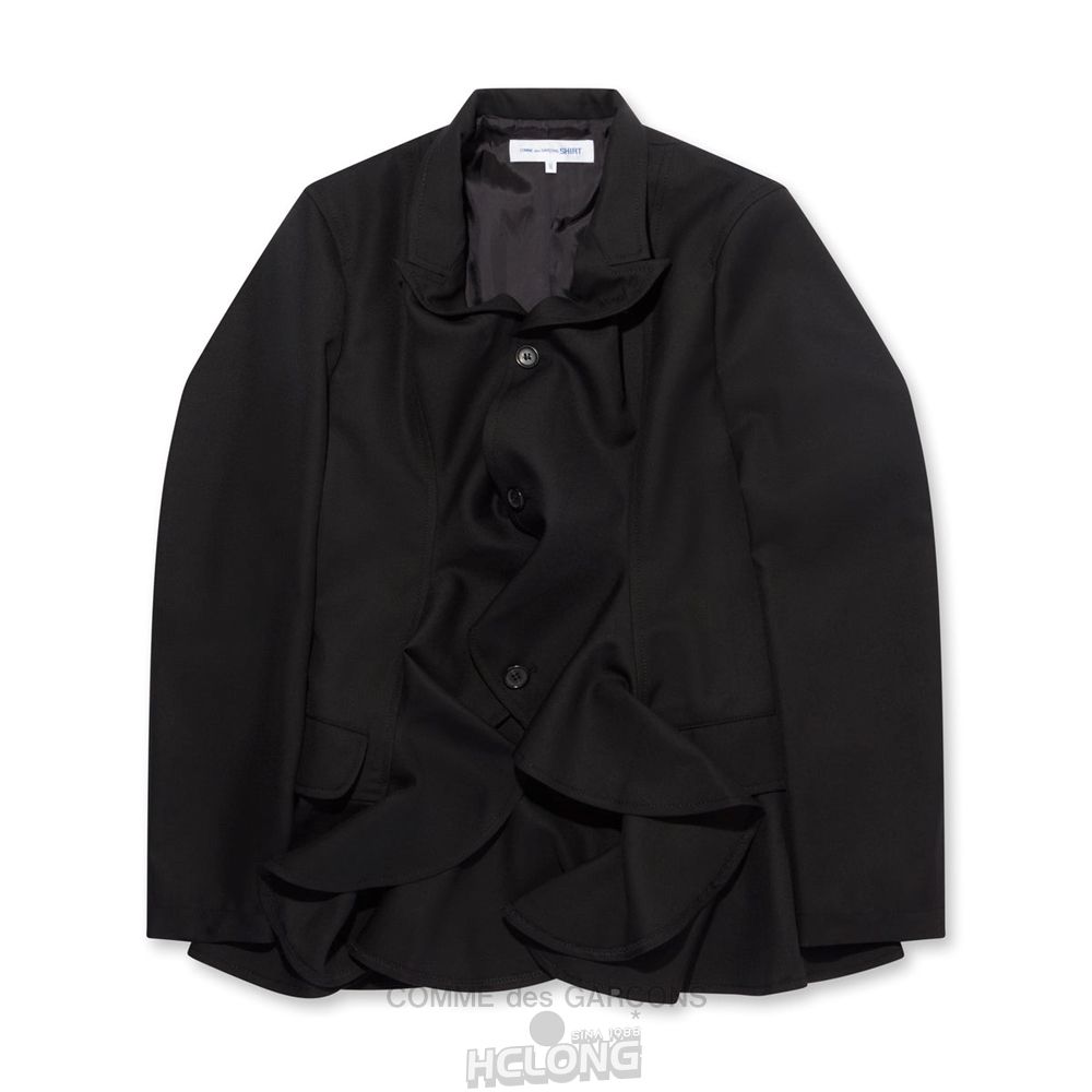 Comme Des Garcons CDG Shirt - Polyester Wolle Gabardine Ruffled Jacket Oberbekleidung Schwarz | 59378-WMXV