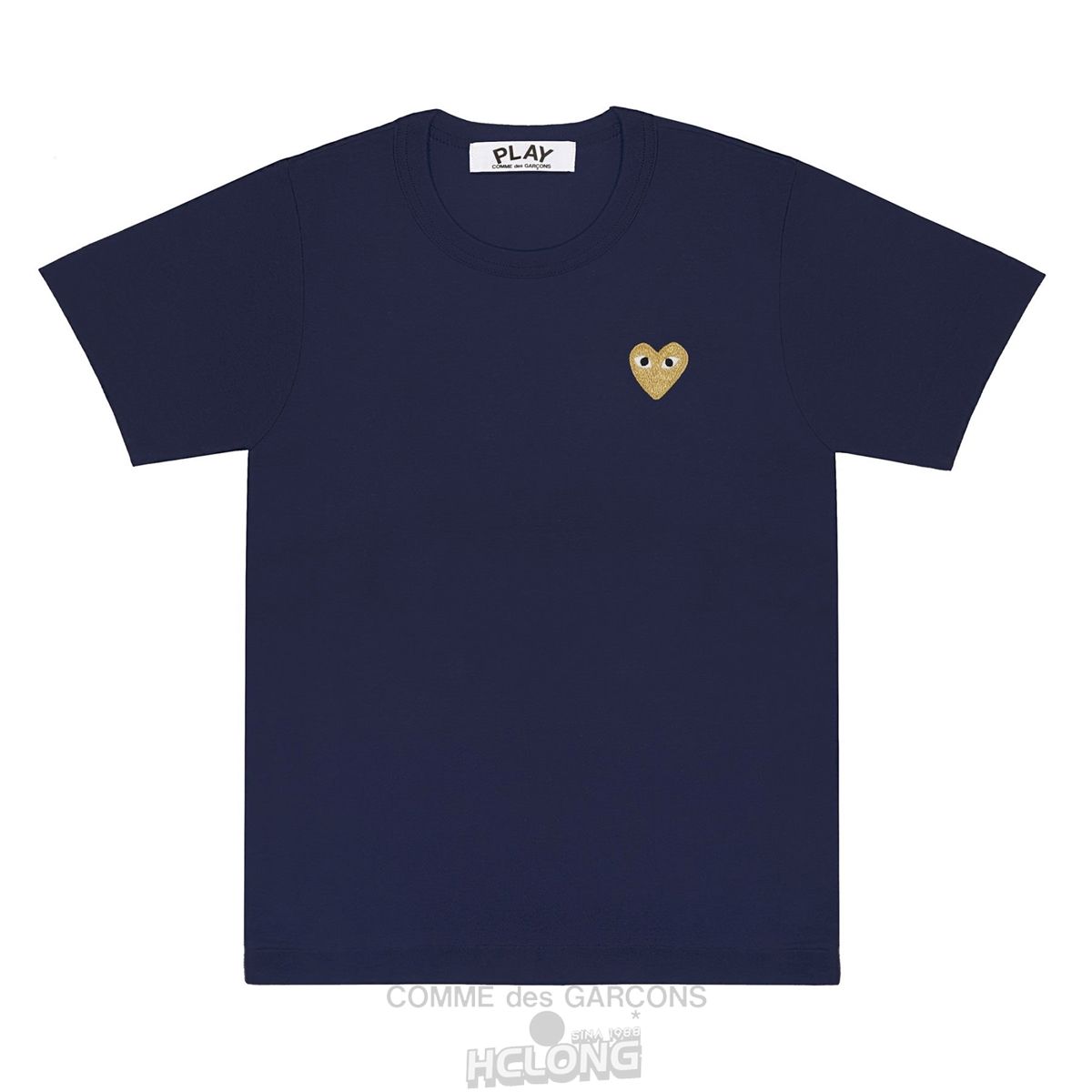 Comme Des Garcons PLAY Basic T-Shirt Gold Emblem Short Sleeve Navy | 03489-IVPS