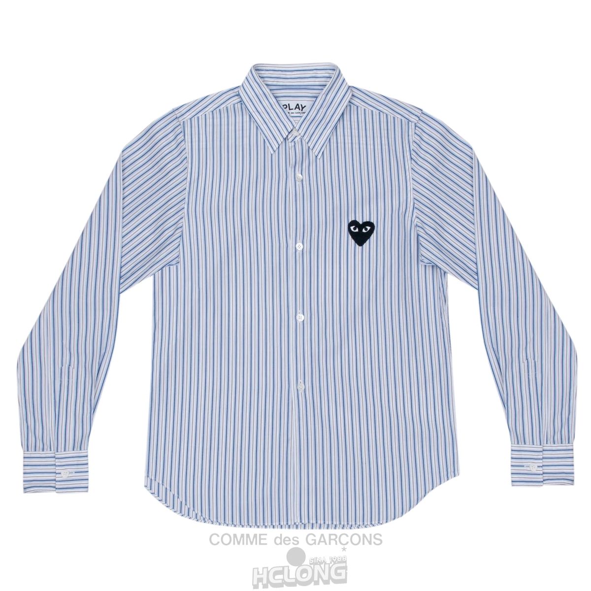 Comme Des Garcons PLAY Gestreift Shirt Black Emblem Shirt Blau | 49278-RWSM