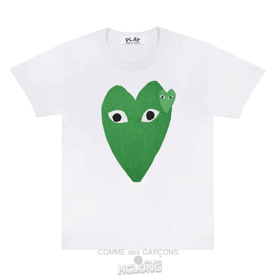 Comme Des Garcons PLAY T-Shirt Large Green Heart and Emblem Short Sleeve Weiß | 97301-MWJS