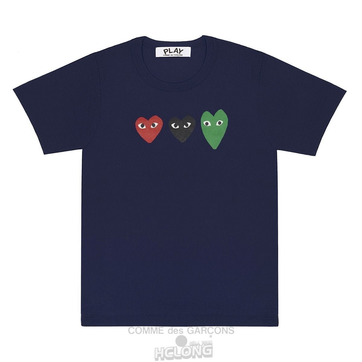 Comme Des Garcons PLAY T-Shirt With Red/Green/Black Hearts Short Sleeve Navy | 62743-IVRS