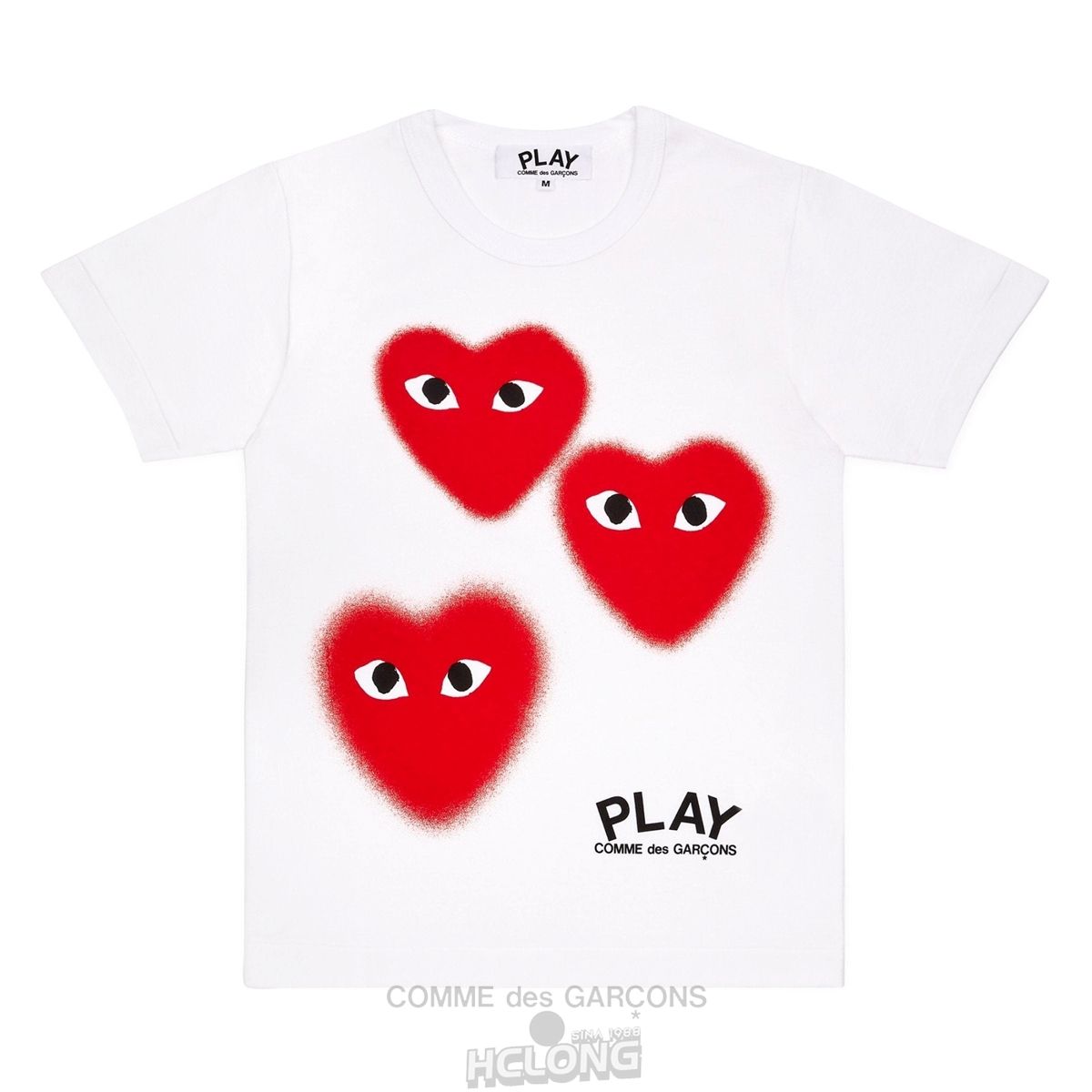 Comme Des Garcons PLAY Three Fuzzy Heart Screen Print Limited Edition Short Sleeve Weiß | 96248-PXFA