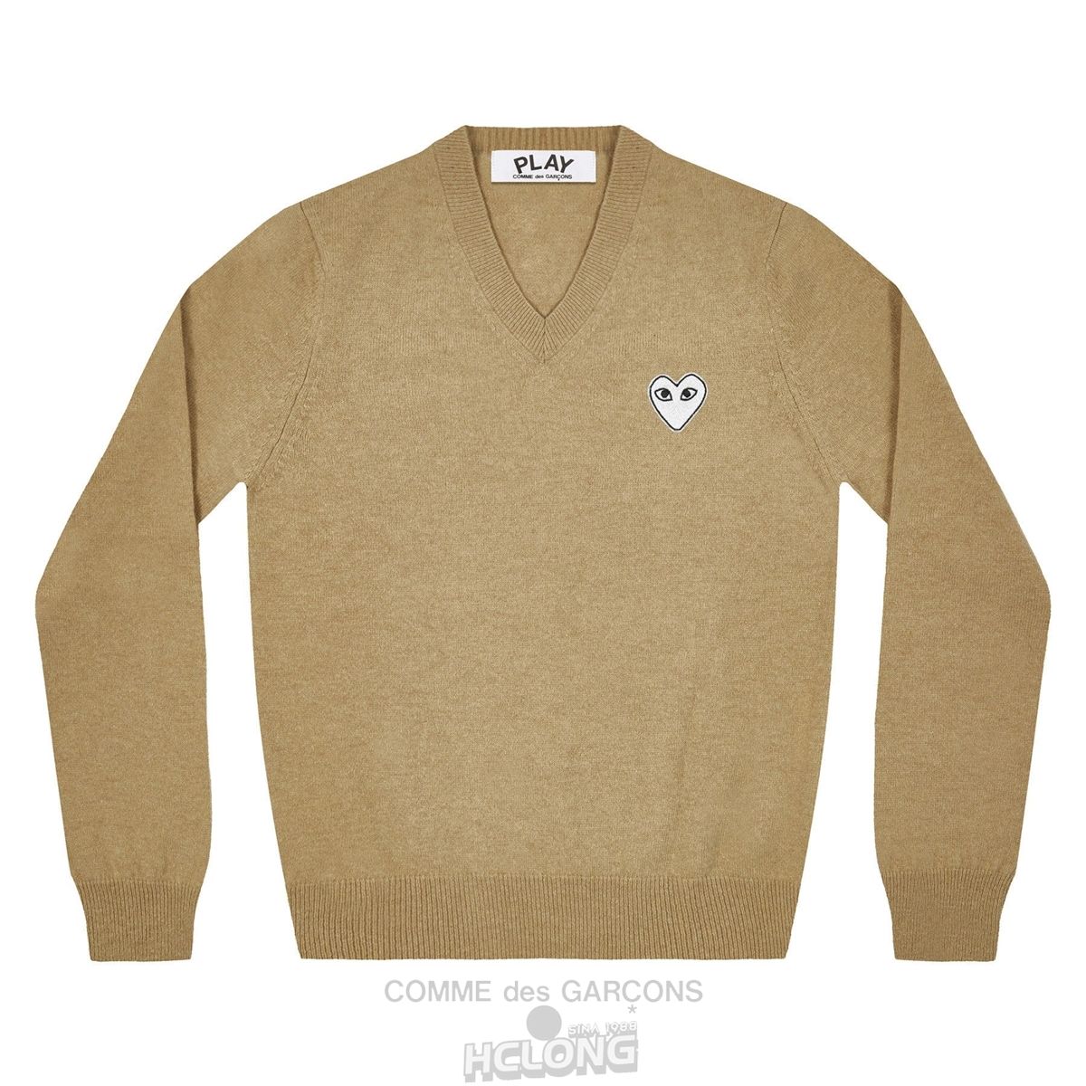 Comme Des Garcons PLAY V Neck Pullover White Heart Natural Series Strickwaren Camel | 13690-WHIJ