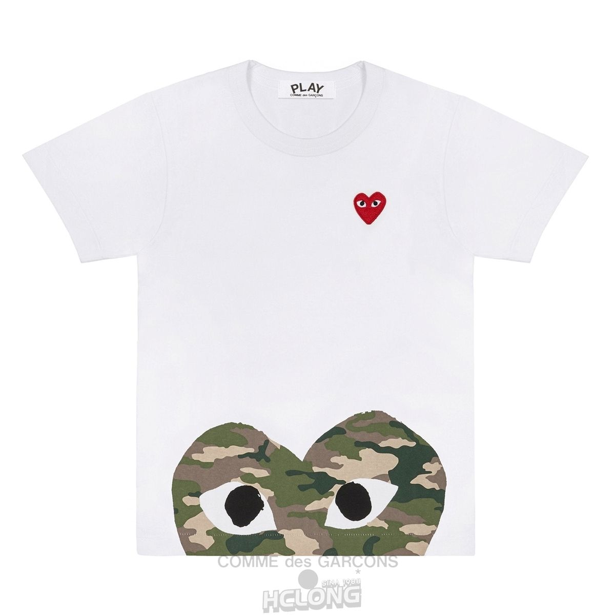 Comme Des Garcons PLAY White T-Shirt with Camo Printed Half Heart Short Sleeve Weiß | 60751-MFBQ