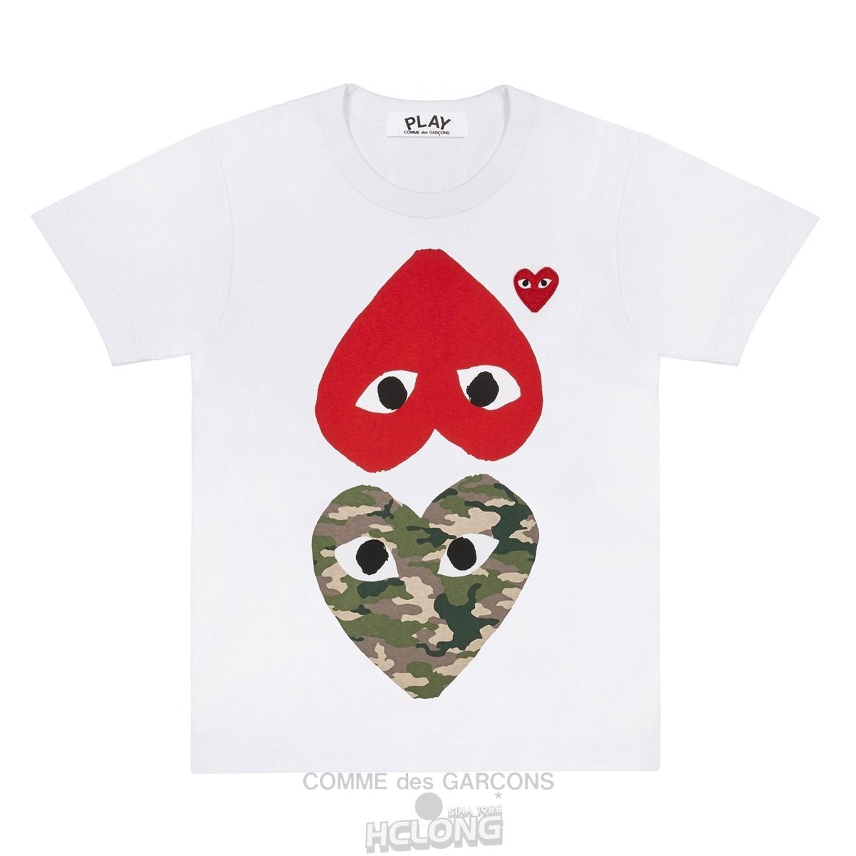 Comme Des Garcons PLAY White T-Shirt with Camo Printed Mirror Hearts Short Sleeve Weiß | 70243-WZMT